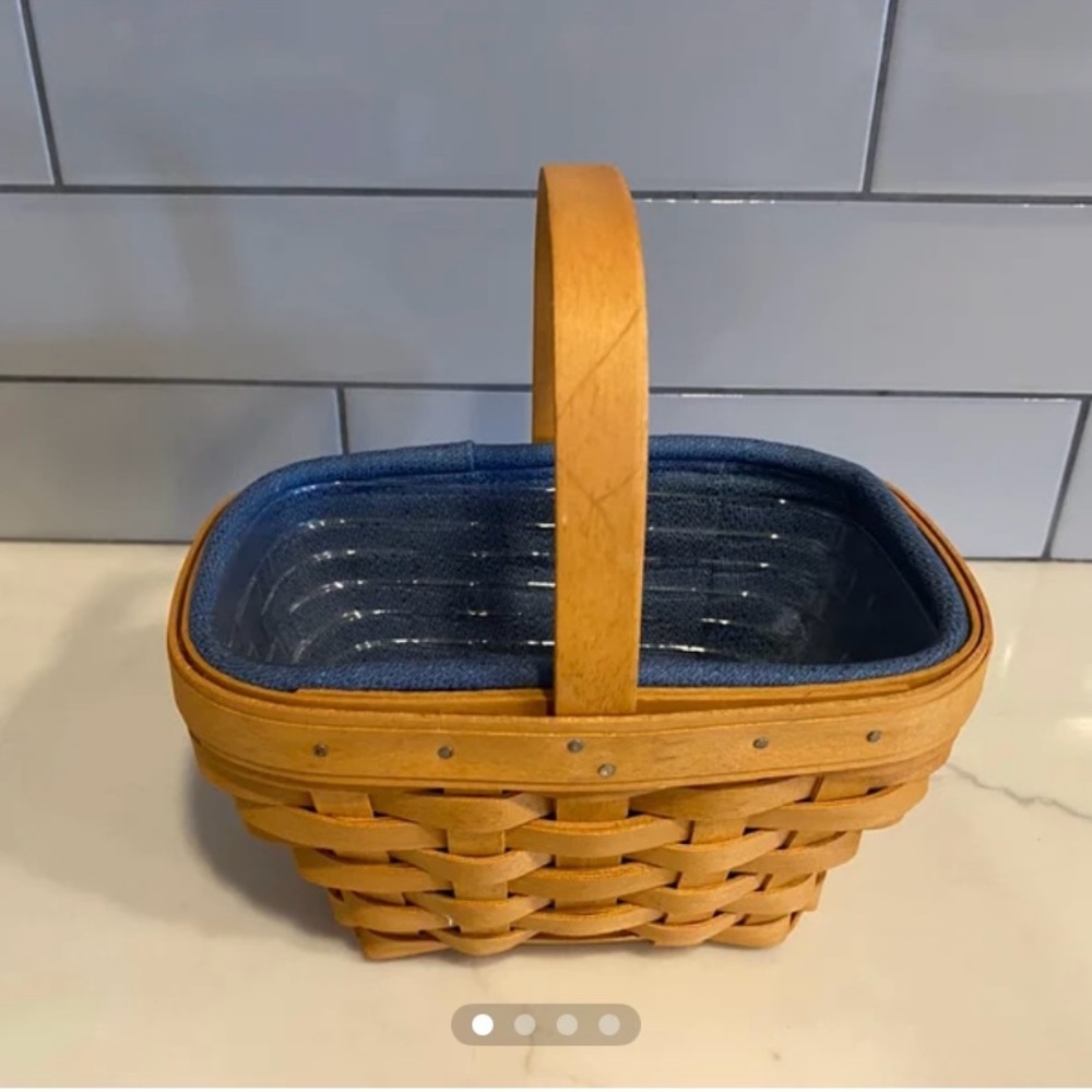 Longaberger Natural Wood Basket with Blue Liner and Sturdy Handle